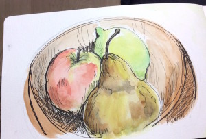 Drawing and watercolour of fruit